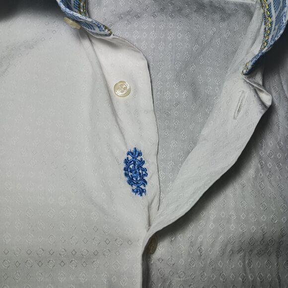 Robert Graham Textured Jacquard Pattern Shirt Medium White Embroidered Flip Cuff - Picture 15 of 16